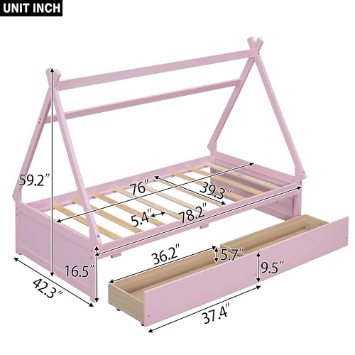 Twin Size House Platform Bed with Two Drawers Headboard and Footboard Wood Daybed Frame Bedroom Furniture for Girls BoysKids, No Box Spring Needed