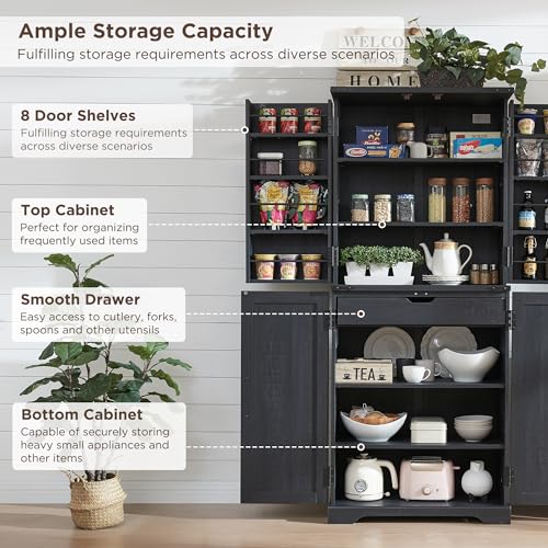72" Tall Kitchen Pantry, Farmhouse Storage Cabinet with Barn Doors, Organizer, Drawer and Adjustable Shelves, Rustic Wood Cupboard for Kitchen
