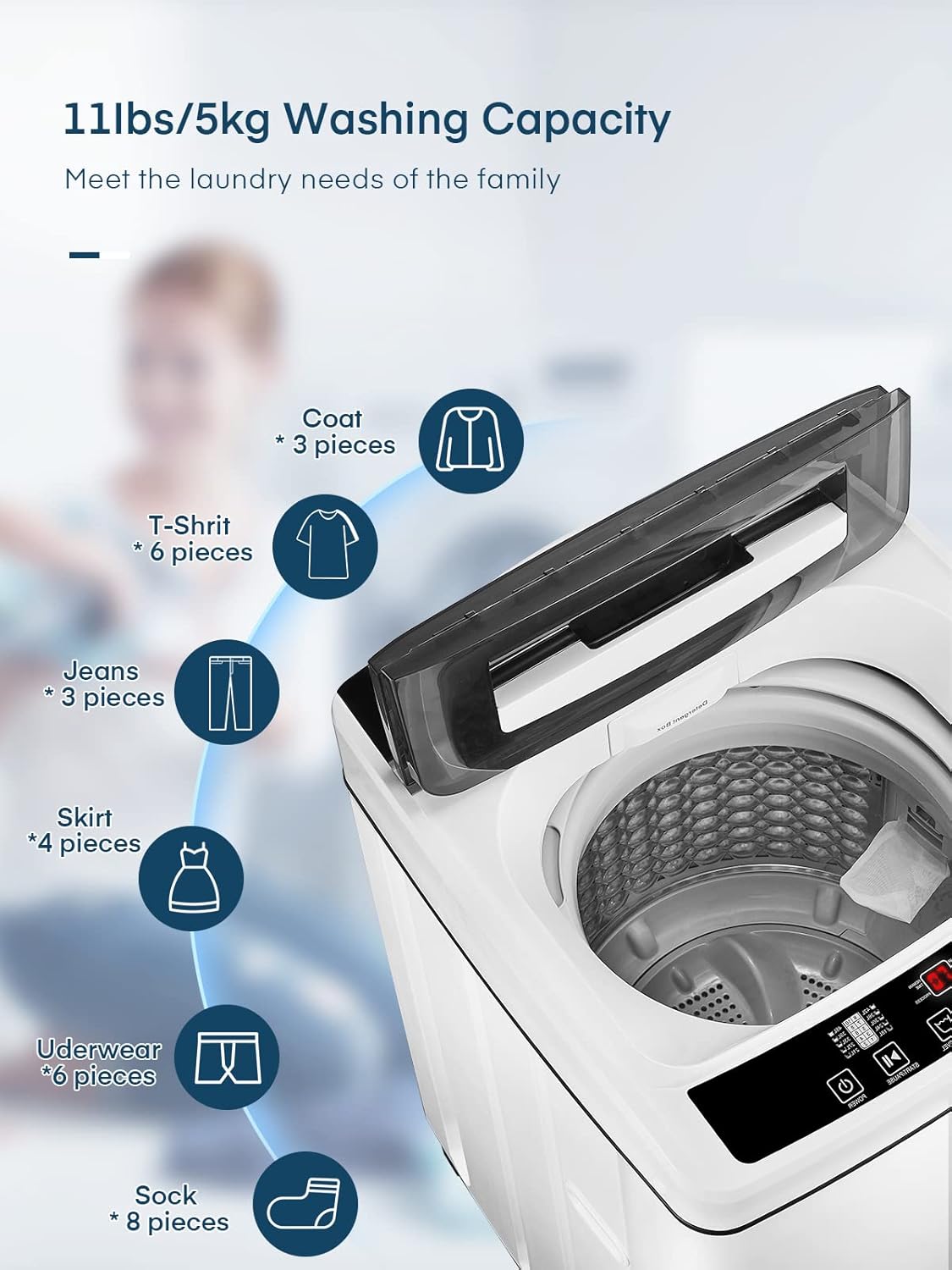 Full Automatic Washing Machine, FOHERE 1.5Cu.Ft 11lbs Capacity Portable Machine