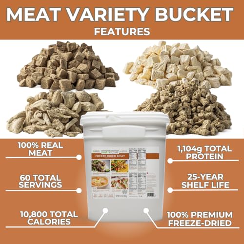 Nutristore Emergency Buckets | Premium Freeze-Dried Meats | 25-Year Shelf Life | Made in USA | Emergency Survival Food Supply | 60 Large Servings