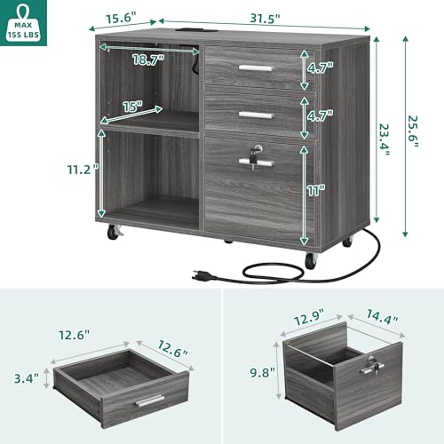YITAHOME Wood File Cabinet, 3 Drawer Mobile Lateral Filing Cabinet