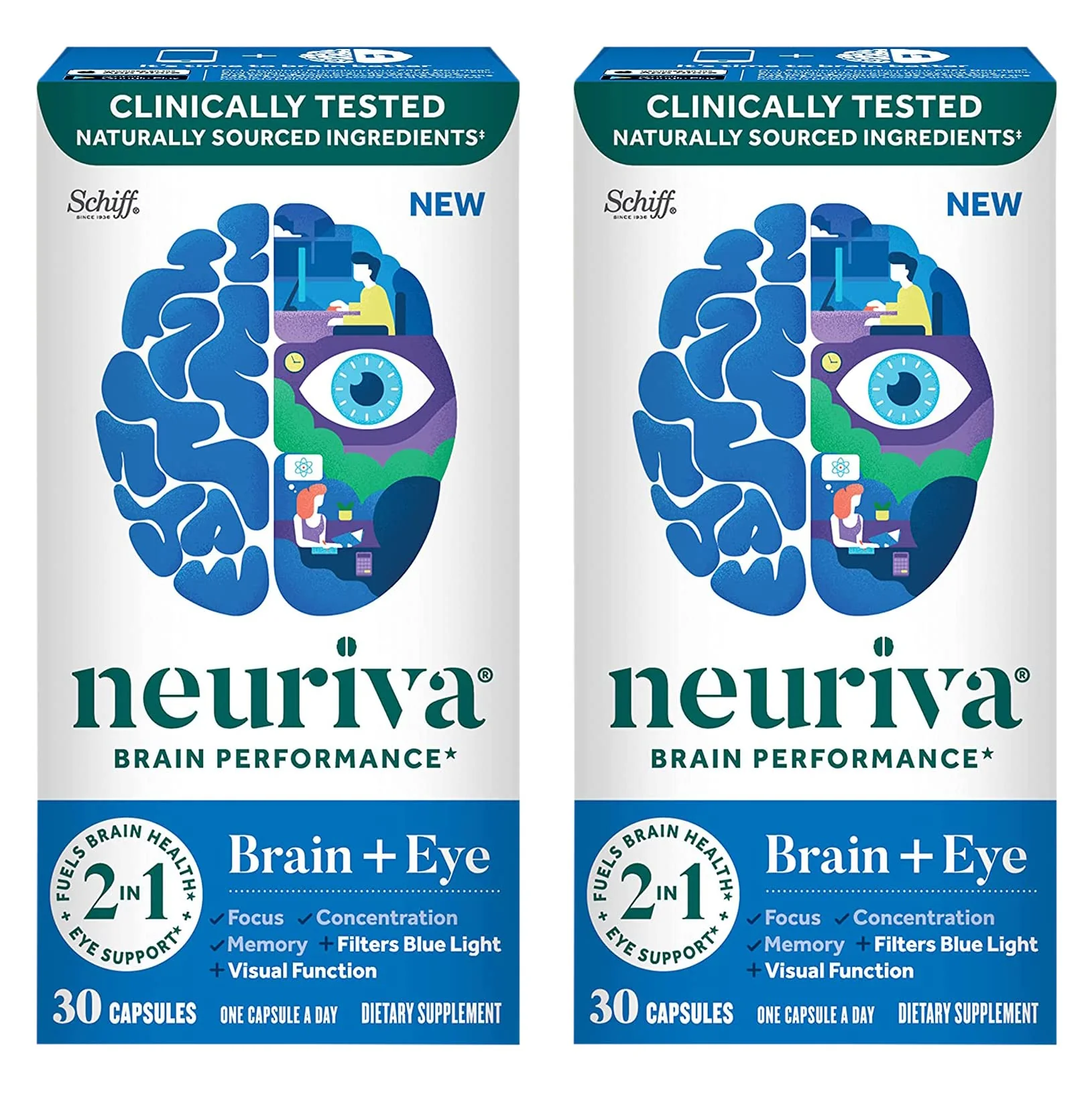 NEURIVA Brain + Eye Support Capsules (30 Count in a Box), with Vitamins A C E, Zinc, Zeaxanthin, Antioxidants, Filters Blue Light, Decaffeinated