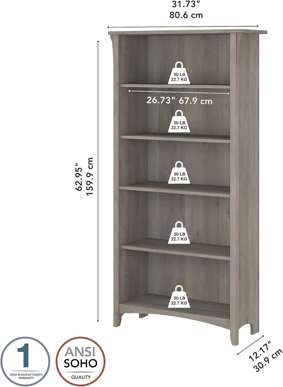 Salinas 5-Shelf 63-Inch H Bookcase, Driftwood Gray