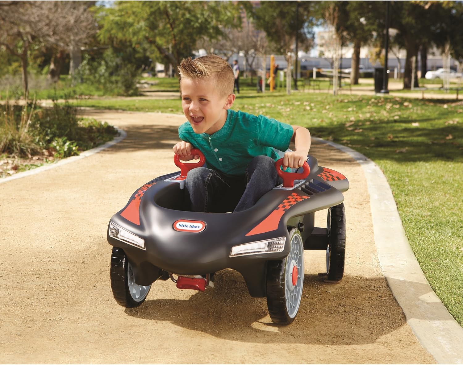 Little Tikes Jett Car Racer Black, Ride On Car with Adjustable Seat Back, Dual Handle Rear Wheel Steering, Racing Control, Kid Powered Fun