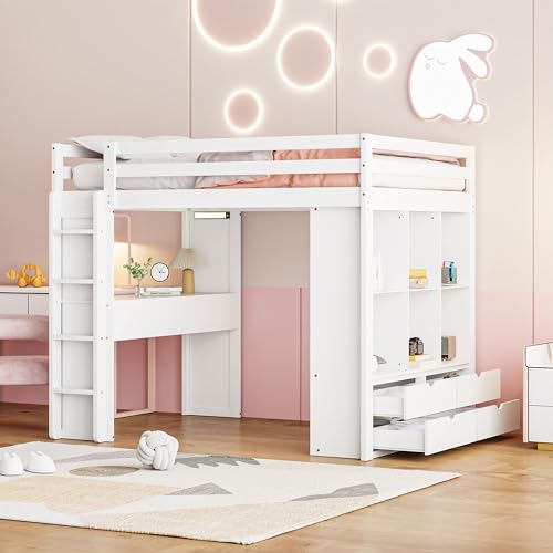 Full Size Loft Bed with Desk & Wardrobe, Solid Wood Kids Loft Bedframe w/3 Storage Drawers & 2 Shelves, Maximum Space Design, for Bedroom, Dorm, Gray
