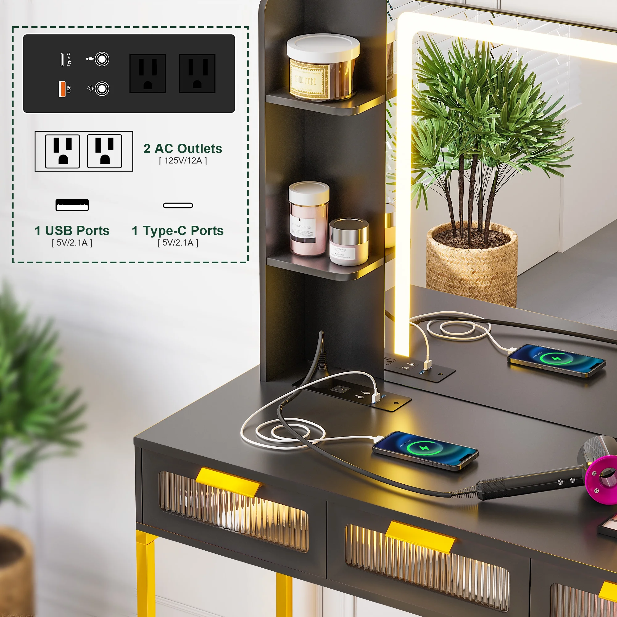 HNEBC Makeup Vanity with Lights, Vanity Table Set with LED Mirror, Vanitys with 6 Drawers/Stool, Vanity Makeup Desk with Charging Station