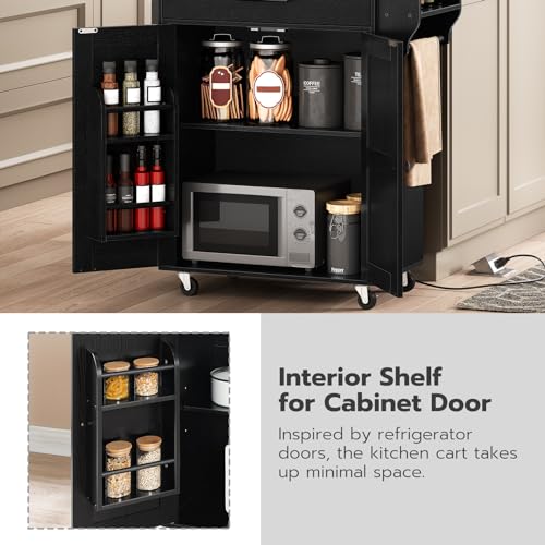 HOOBRO Kitchen Island with Power Outlet, Kitchen Island Storage Island with Large Worktop, Spice Rack and Drawer, Rolling Kitchen Cart on Wheels