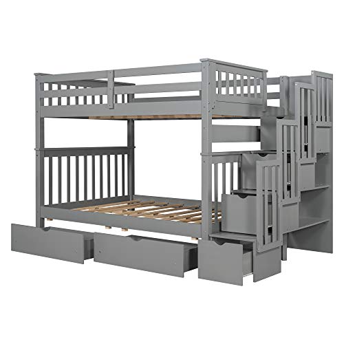 Harper & Bright Designs Stairway Twin Over Twin/Full Bunk Bed with Twin Size Trundle and Drawers