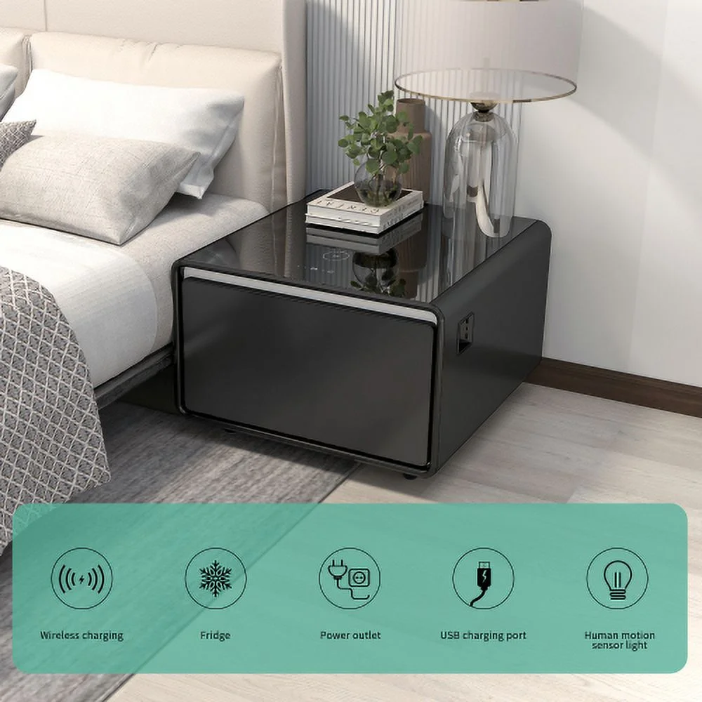 Modern Smart Side Table with Built-in Fridge, Wireless Charging, Temperature Control