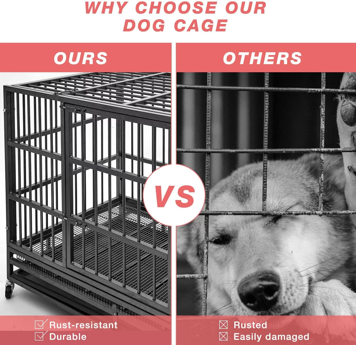 Aixvx 48 inch Heavy Duty Indestructible Dog Crate Steel Escape Proof, Indoor Double Door High Anxiety Cage, Kennel with Wheels, Removable Tray