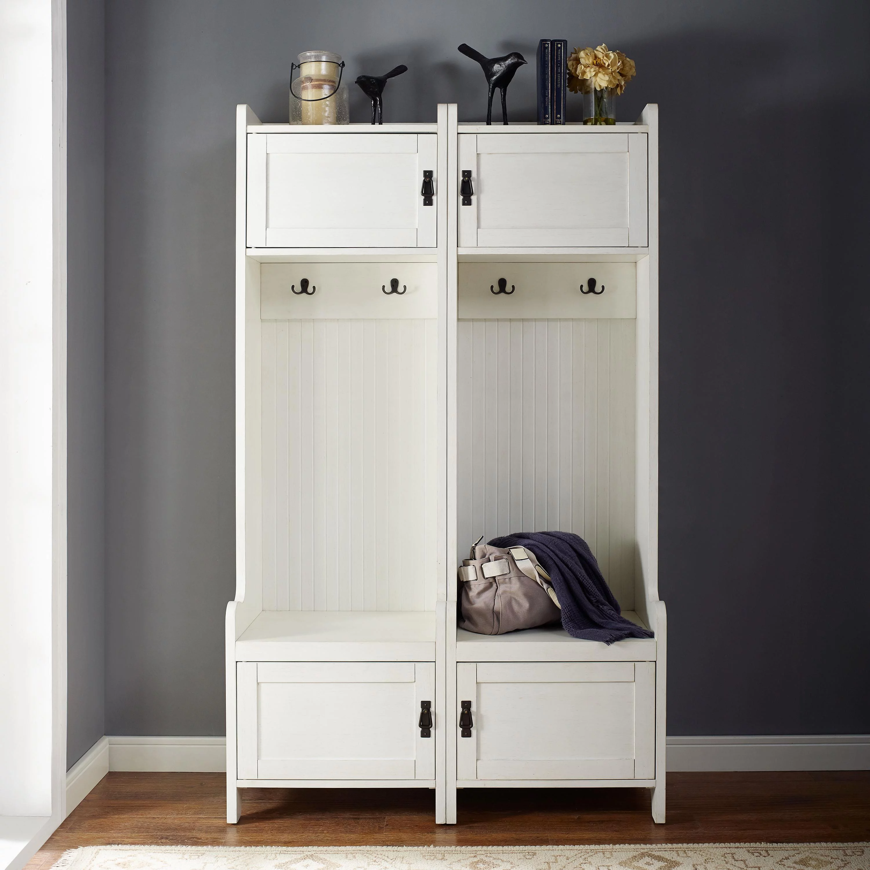Crosley Furniture Fremont Wood Hall Tree in Distressed White (Set of 2)