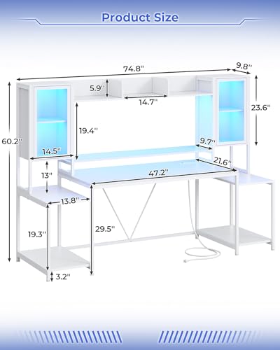 SEDETA Gaming Desk 74.8'' with LED Lights, Hutch and Storage Shelves, Computer Desk with Monitor Stand, Large PC Gamer Desk Workstation