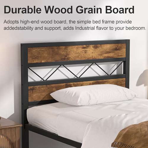 VECELO Queen Metal Platform Bed Frame with Rustic Vintage Wooden Headboard, Heavy Duty 14 Metal Slats Support