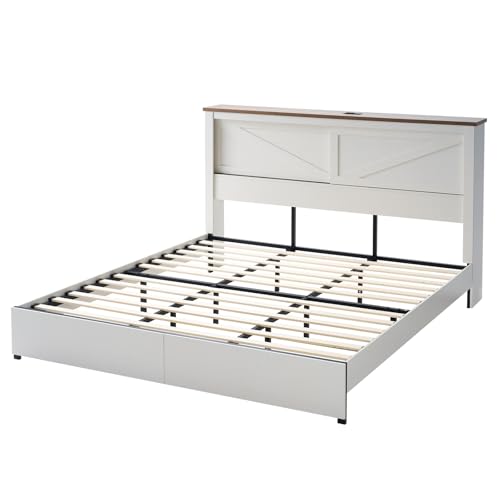 AMERLIFE 47.2" H King Bed Frame with Hidden Space Bookcase Headboard and Charging Station, Beds with 2 Storage Drawers and Wood Slats