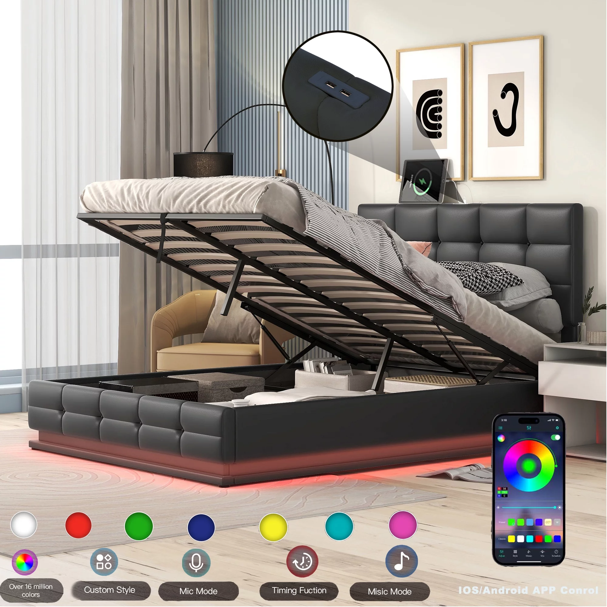 Bellemave LED Full Size Bed Frame with Lift Up Storage, Upholstered Bed with USB Charging Station