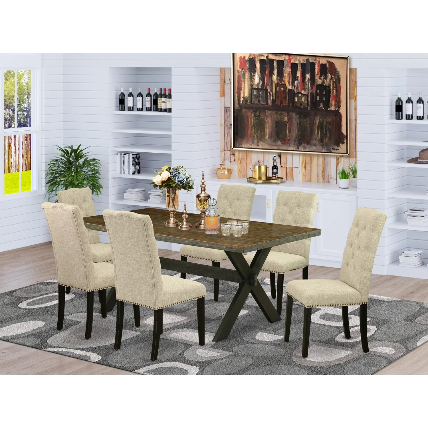 HomeStock Coastal Cottage - 7-Piece Dining Table Set - 6 Parson Chairs And Dining Room Table Solid Wood Frame