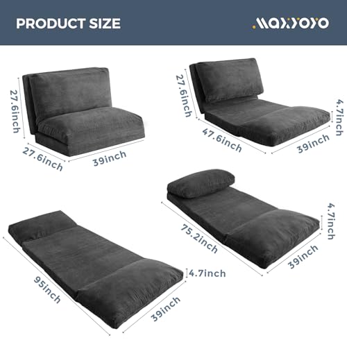 MAXYOYO Bean Bag Bed Folding Sofa Bed Floor Mattress for Adults, Extra Thick and Long Floor Sofa with Corded Washable Cover, Dark Grey, 30x95 Inch