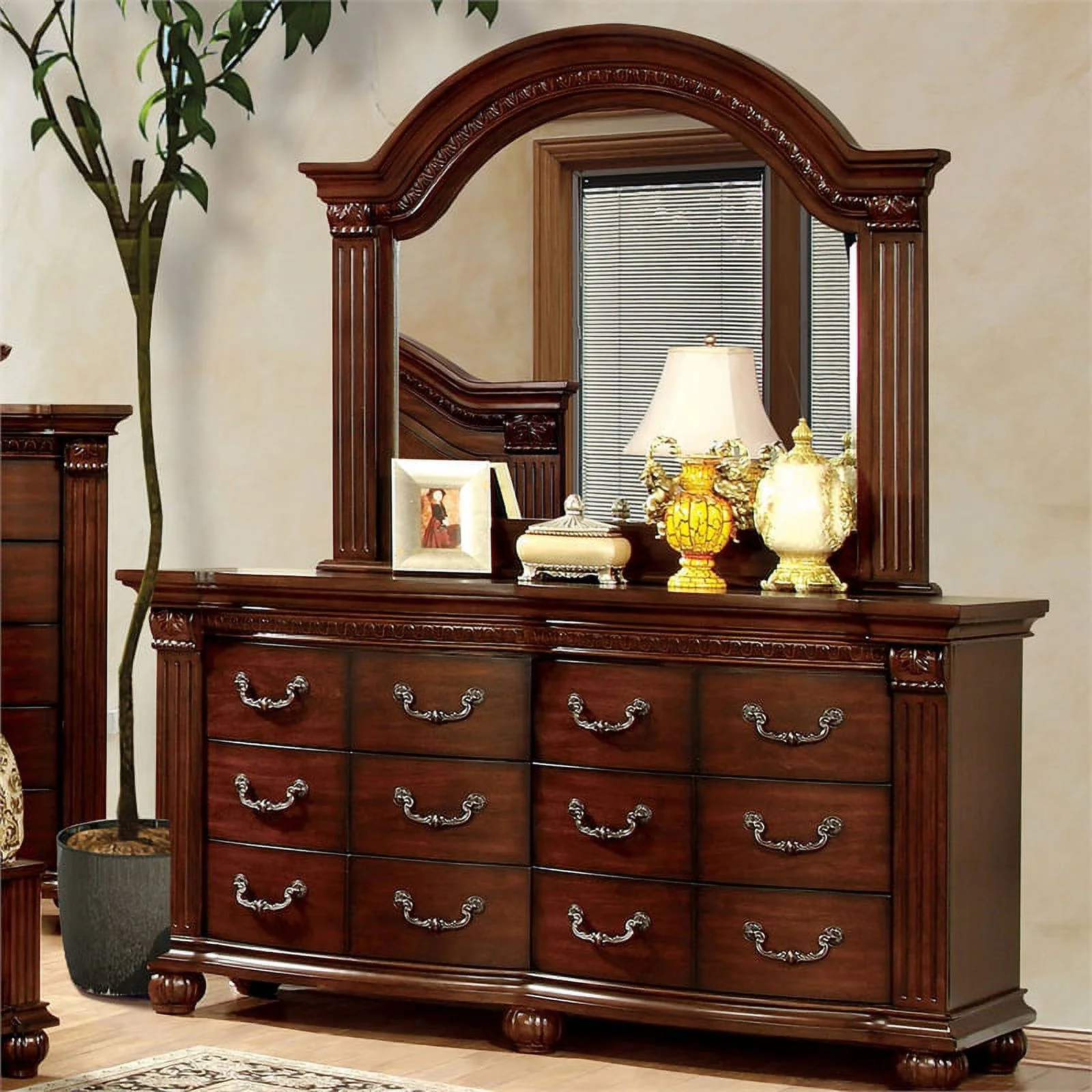 Furniture of America Sorella 2-Piece Wood Dresser and Mirror in Cherry