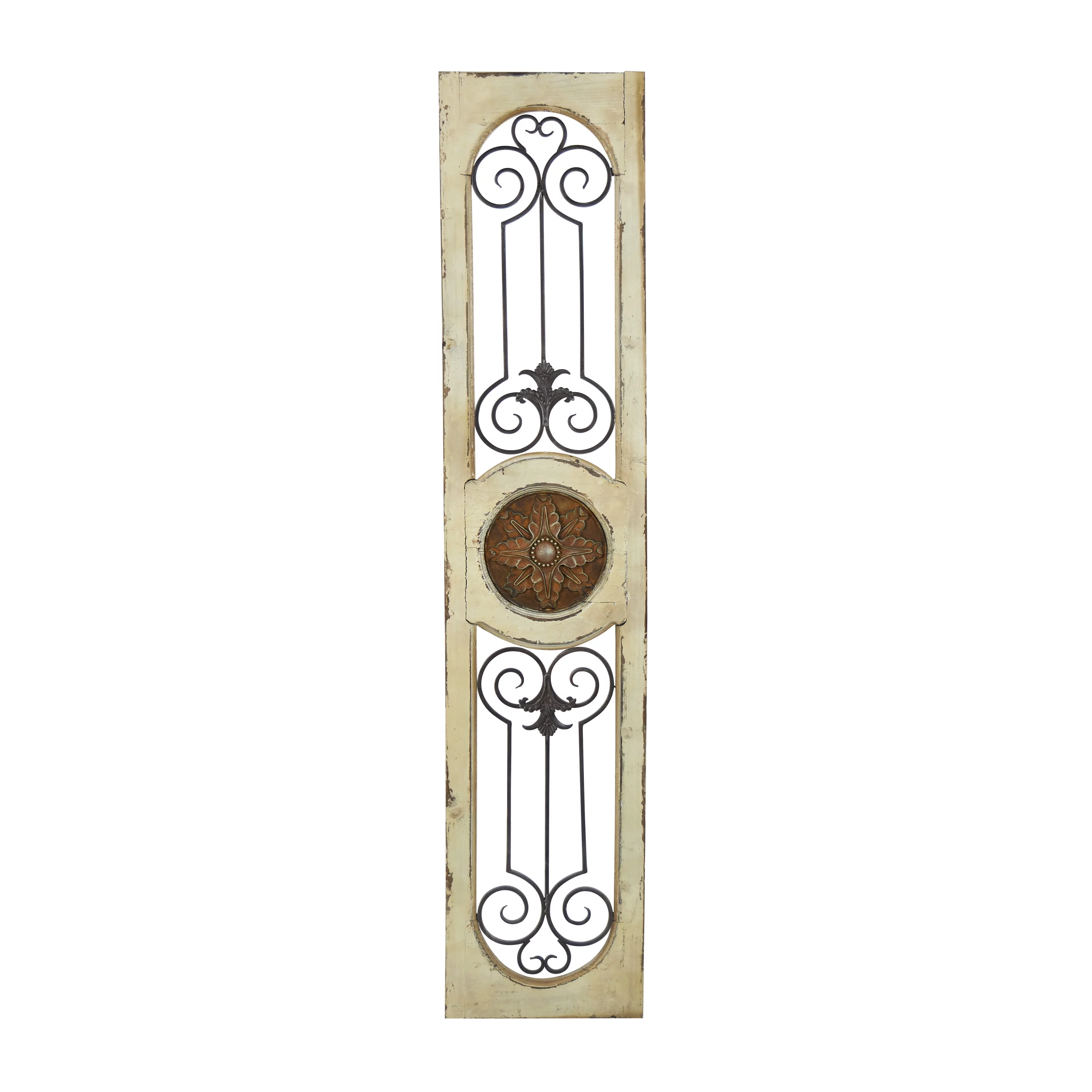 DecMode White Wood Distressed Door Inspired Ornamental Scroll Wall Decor with Metal Wire Details