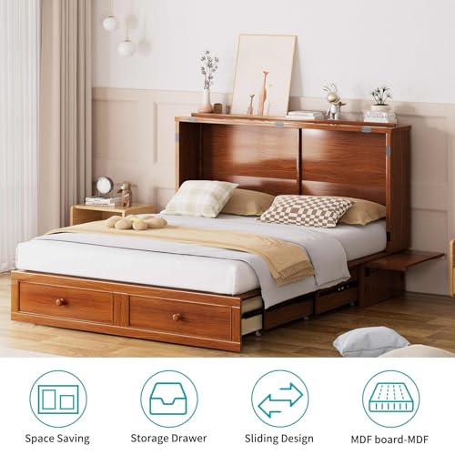 BALUS Murphy Bed Cabinet, 63" W Queen Cabinet Cube Chest Bed with Tri-fold Mattress, Charging Station