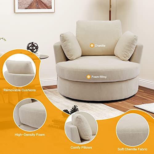 42" W Chenille Swivel Barrel Chair Swivel Accent Sofa with 3 Pillows, 360 Degree Loveseat Modern Oversized Arm Chair Cozy Club Chair for Bedroom