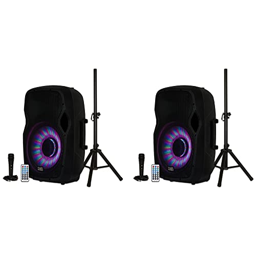 Acoustic Audio by Goldwood 1000W Bluetooth Speaker Set w/ 15" Woofer - Portable PA Sound System w/ Microphone, Adjustable Stand & Remote for Karaoke