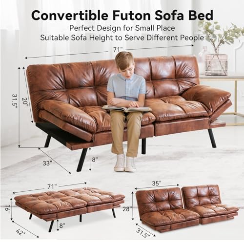 Futon Sofa Bed, Faux Leather Futons, Memory Foam Futon Couch, Convertible Sleeper Sofa, Modern Loveseat Couch Bed for Living Room, Apartment, Office