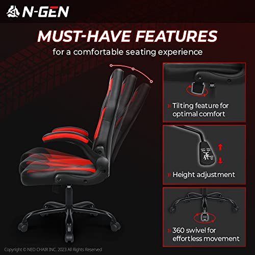 N-GEN Video Gaming Computer Chair Ergonomic Office Chair Desk Chair with Lumbar Support Flip Up Arms Adjustable Height Swivel PU Leather Executive