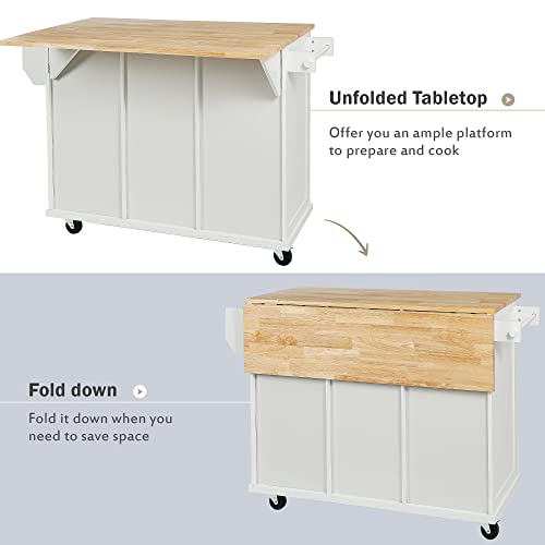 55.7'' Large Kitchen Island with 2 Drop Leaf, Rolling Kitchen Cart on 5 Wheels with Power Outlet