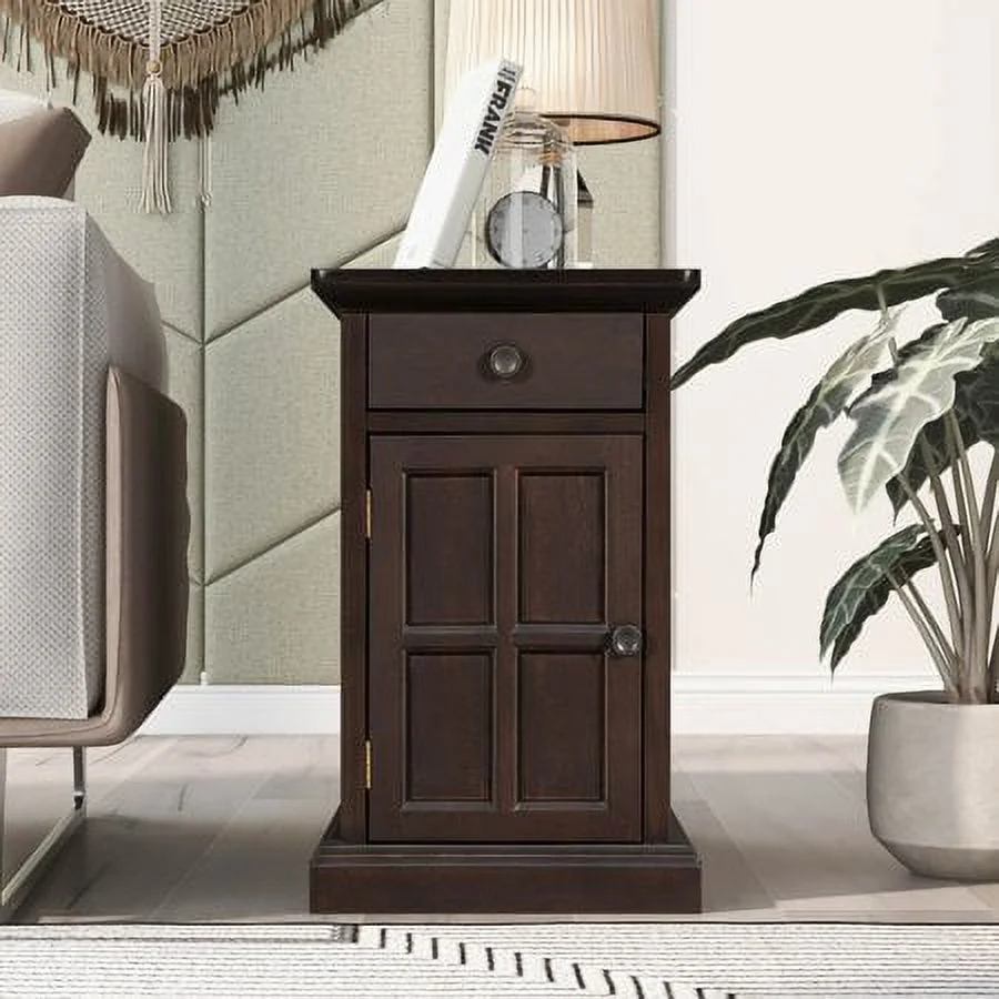 Churanty Vintage End Table with USB Ports Drawer and Cup Holders, Sofa Side Table Bedside Nightstand Narrow Table for Living Room Bedroom