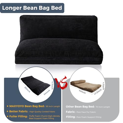 MAXYOYO Bean Bag Bed Folding Sofa Bed Floor Mattress for Adults, Extra Thick and Long Floor Sofa with Corded Washable Cover, Dark Grey, 30x95 Inch