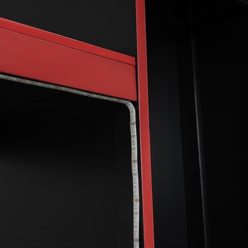 Modern Full Size Gaming Loft Bed with Built-in Desk and Storage Wardrobe, Wood Loft Bed Frame with Light Strip and 2 Drawers