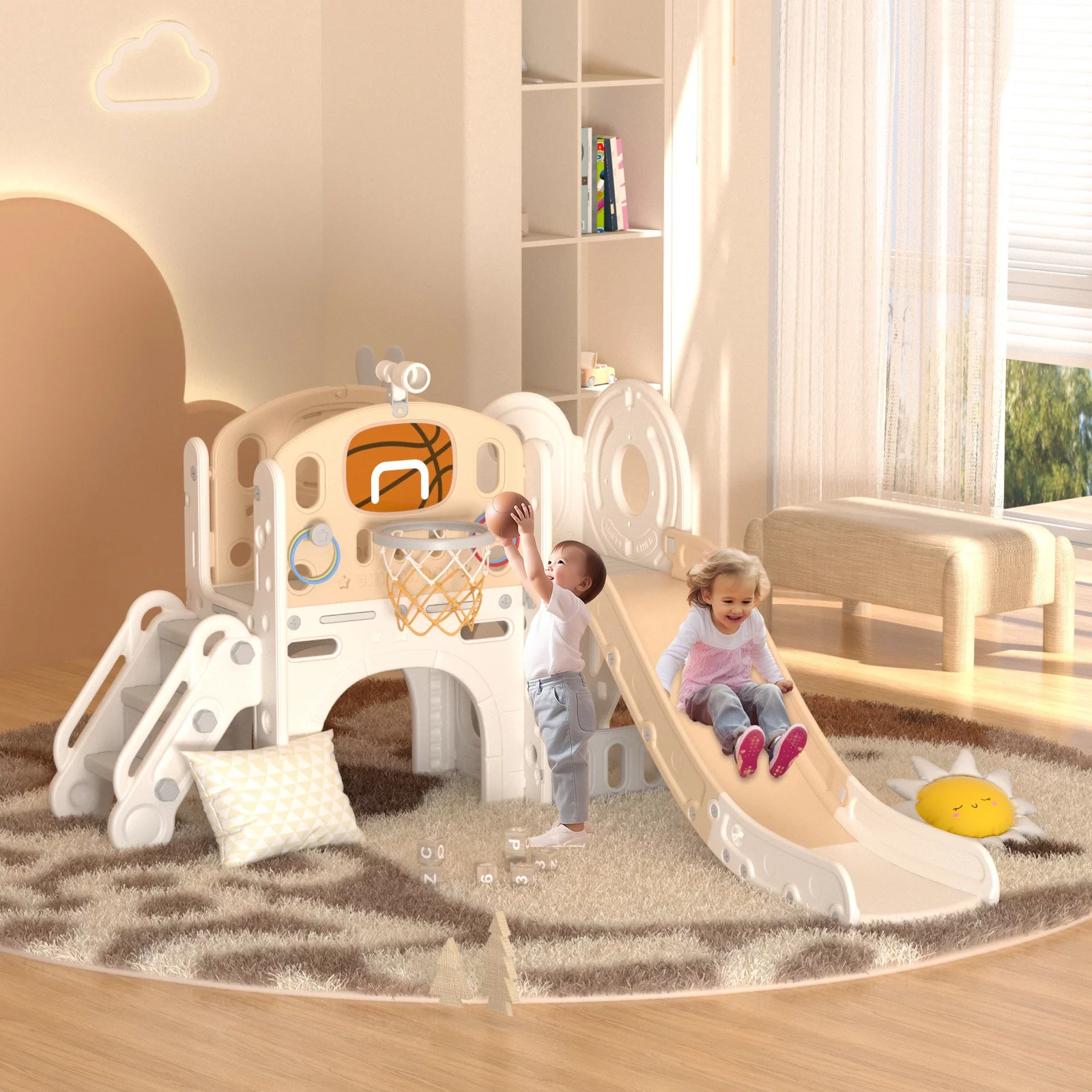 KORIMEFA 7-in-1 Kids Slide with Climber, Toddler Climber Slide Play Set with Basketball Hoop, Tunnel, Telescope and Storage Space