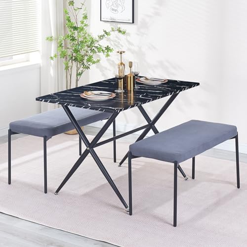Dining Table Set for 4 Marbled Kitchen Table with 2 Dining Benches