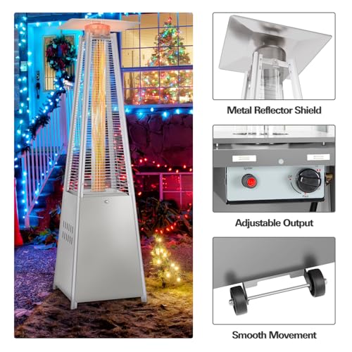 Hykolity Pyramid Patio Heater, 48000 BTU Glass Tube Propane Patio Heater with Wheels and Cover, Outdoor Propane Heaters for Patio, Backyard, Garden