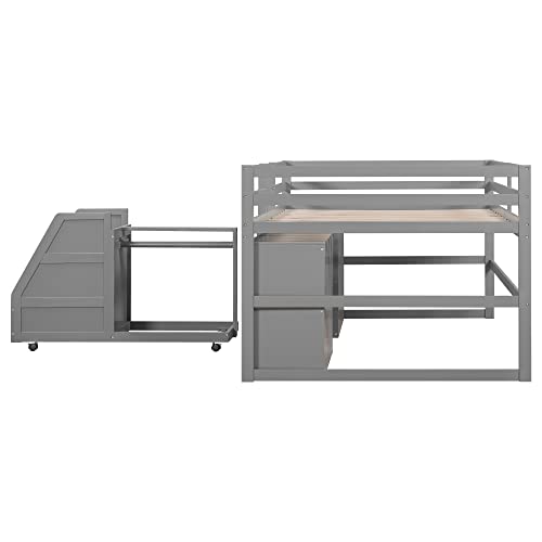 Full Size Low Loft Bed with Retractable Writing Desk, Storage Bed with 4 Drawers and Shelves