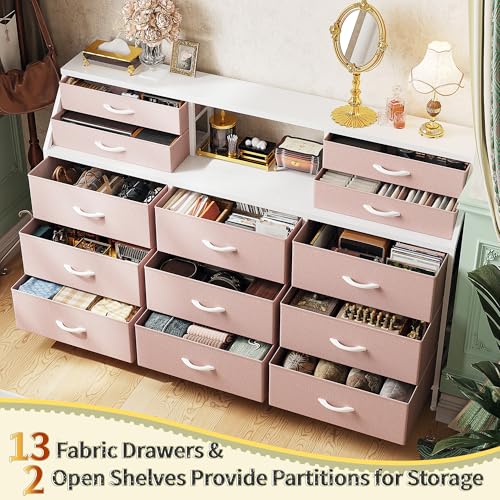 55" W Dresser for Bedroom, Dressers & Chests of Drawers with 13 Fabric Drawers and 2 Open Shelves, Long Vanity Dressers for Bedroom & Closet
