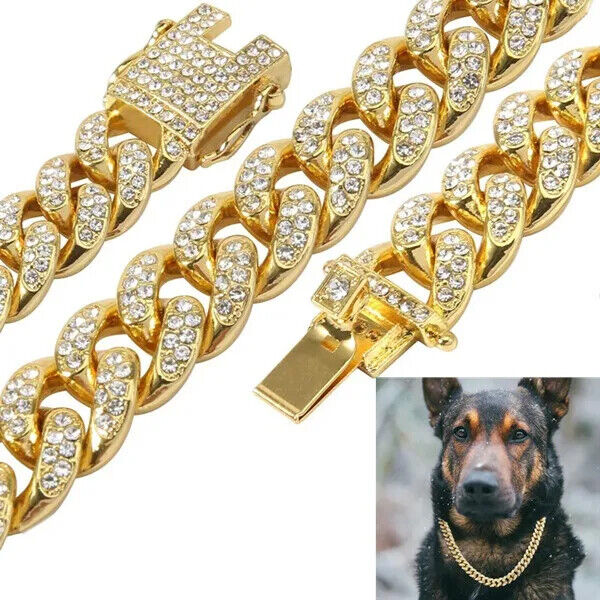 Pet Dog Cat Gold Plated Simulated Diamond 16" ~ 24" Iced Cuban Chain Necklace