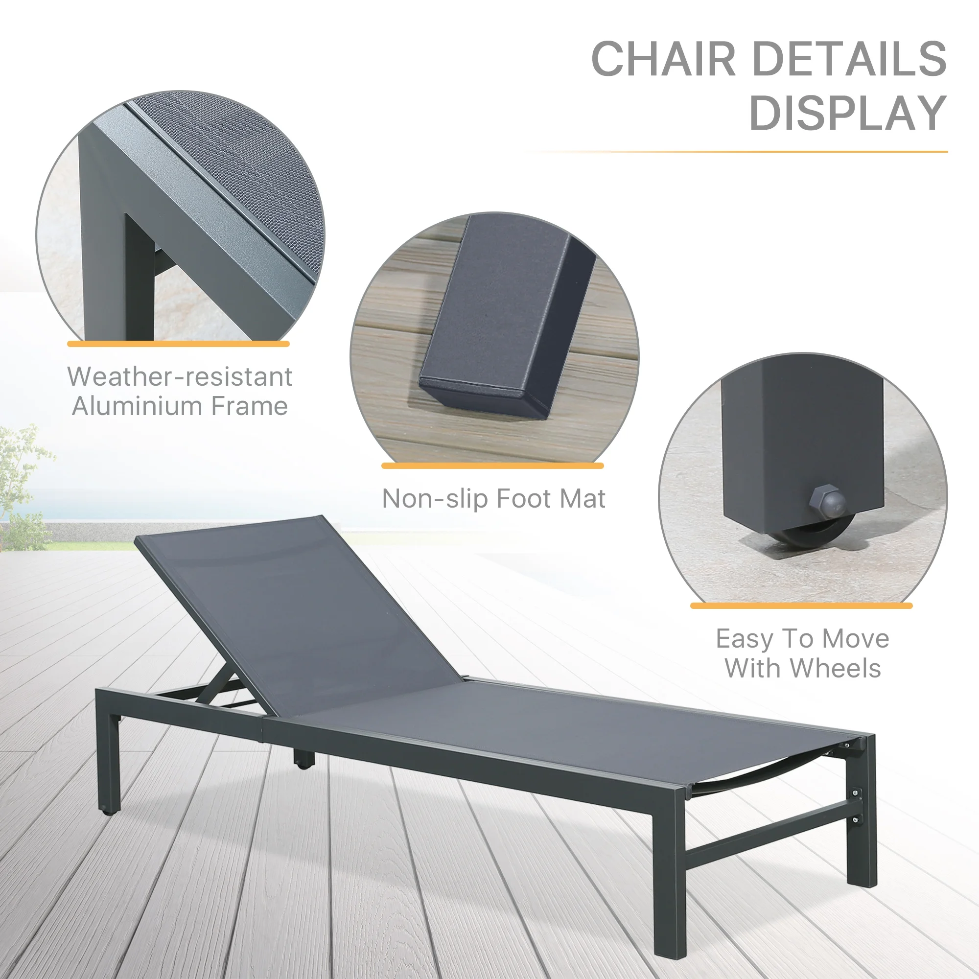 Ulax Furniture 3 Pieces Outdoor Patio Aluminum Reclining Chaise Lounge Chairs Set with C Shaped Side Table
