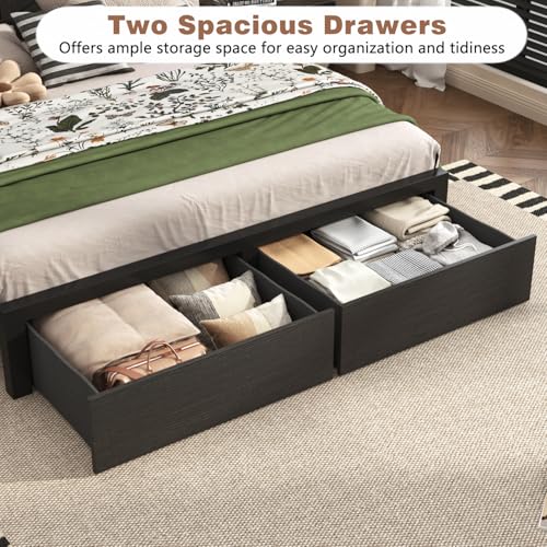 Farmhouse Full Bed Frame with Bookcase Storage Headboard, Charging Station, LED Light and 2 Storage Drawers, Noise Free, No Box Spring Needed, Brown