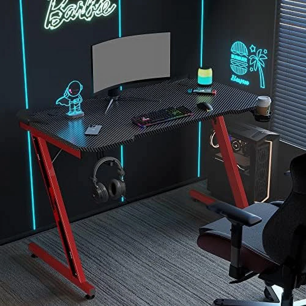 CGFHYP Gaming Desk  Computer Desk with Carbon Fiber Surface  Gaming Table Z Shaped PC Gaming Workstation Home Office Desks with Cup Holder and