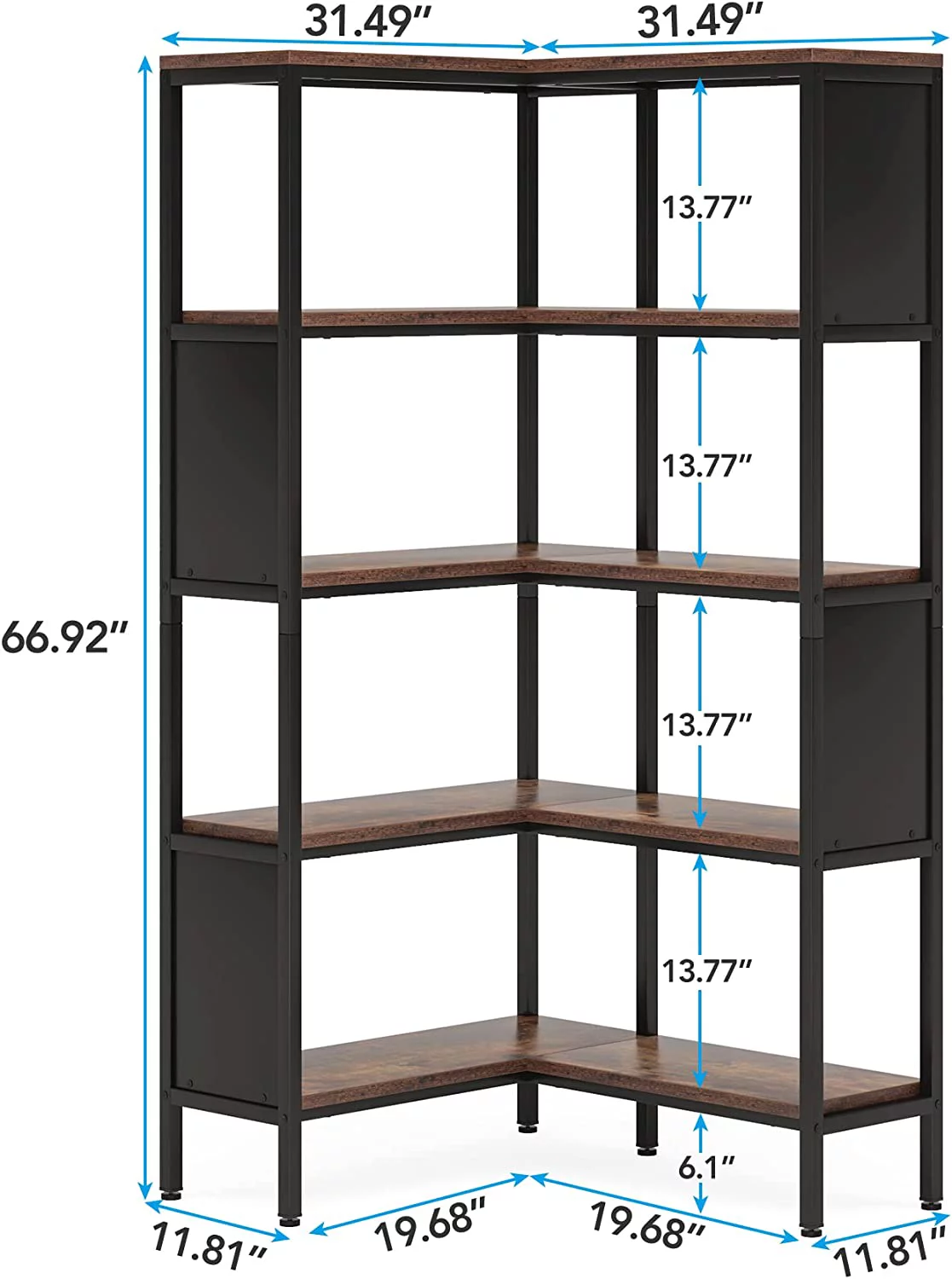 KHBIULIFE 5- Corner Bookshelf  Industrial 5-Tier L-Shaped Bookcase with Safety Baffles  Large Corner Book Shelves  Display Rack for Home Office