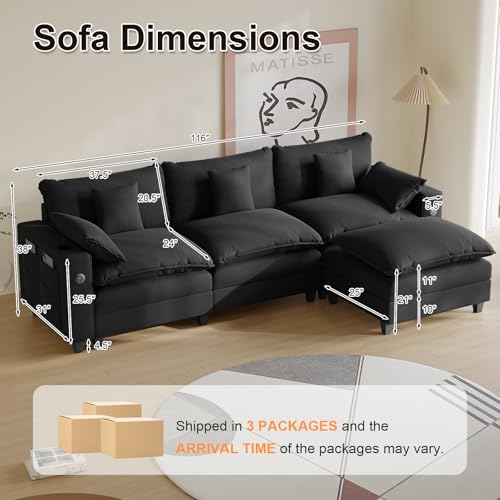 Modular Sectional Sofa, Cloud Couch with Ottoman, Charging Station, Throw Pillows, Cup Holders, Modern Convertible U Shaped Couches for Living Room