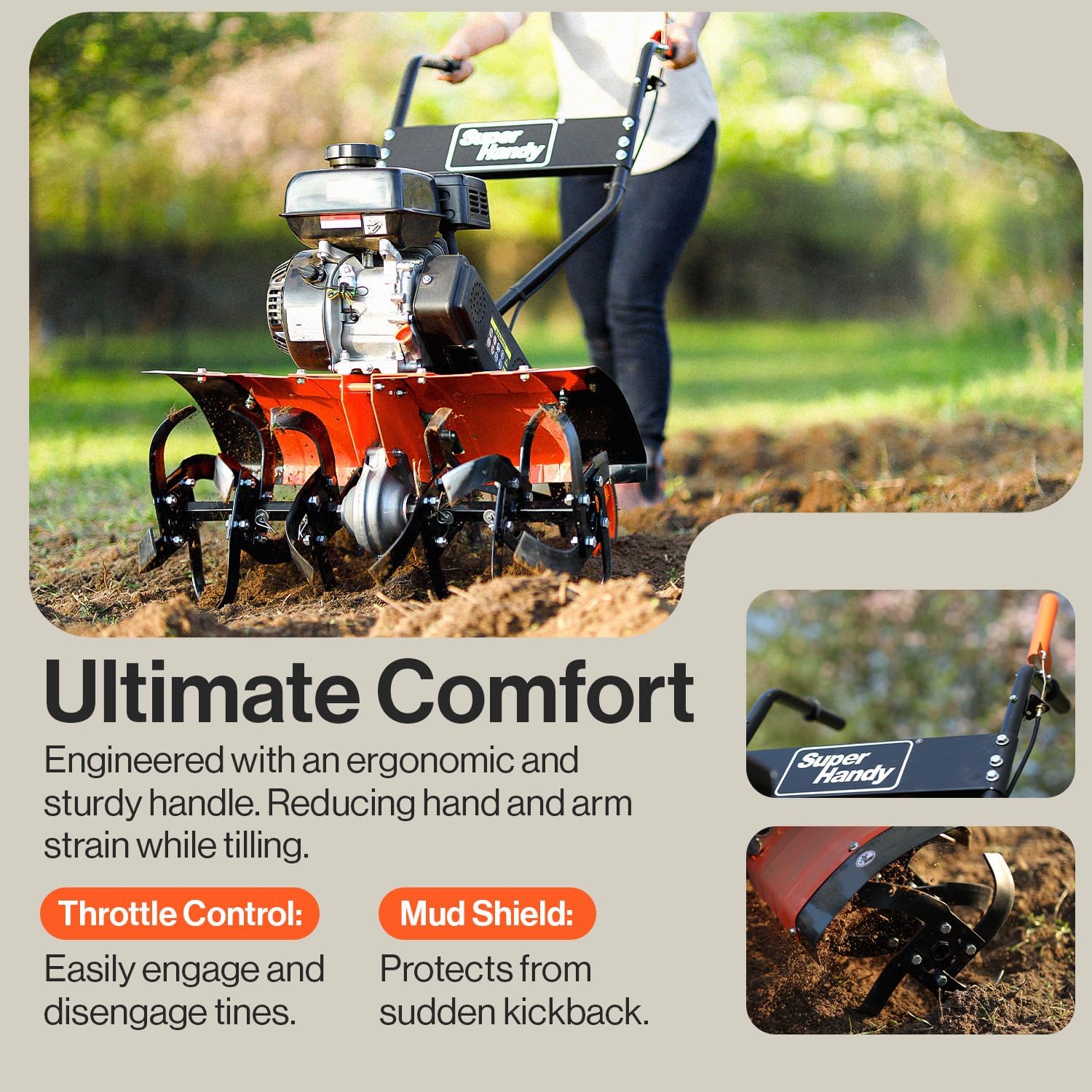 SuperHandy RotoTiller Cultivator 27” Inch Tilling Width 7HP 209cc 4 Stroke Gas Motor 6 Premium Steel Adjustable Forward Rotating Tines for Garden &