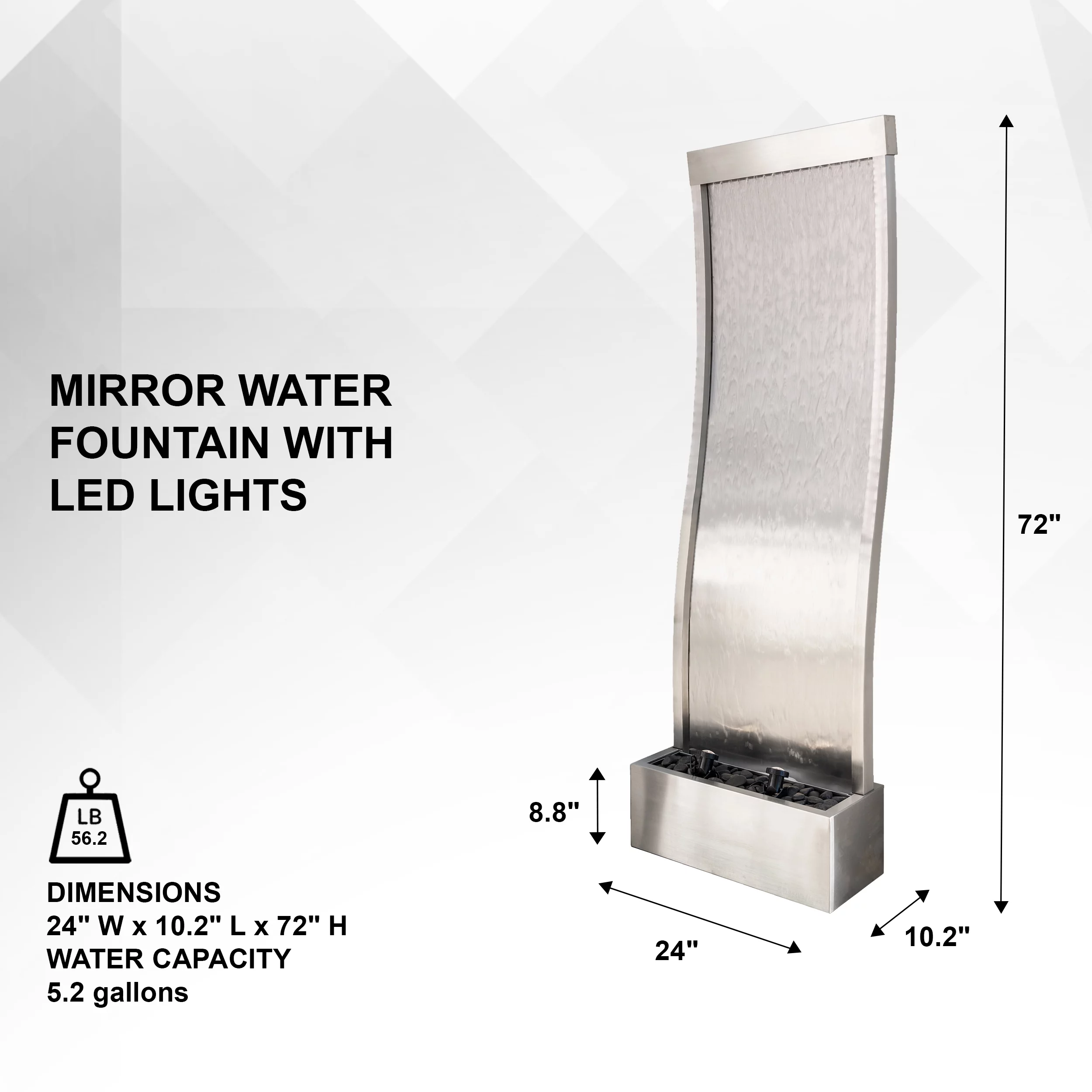 XBrand 72" Steel/Glass Free-Standing Mirror Waterfall Fountain w/ Pump, LED Lights and Rocks, Modern Mirror Fountain, Home and Garden D&eacute;cor