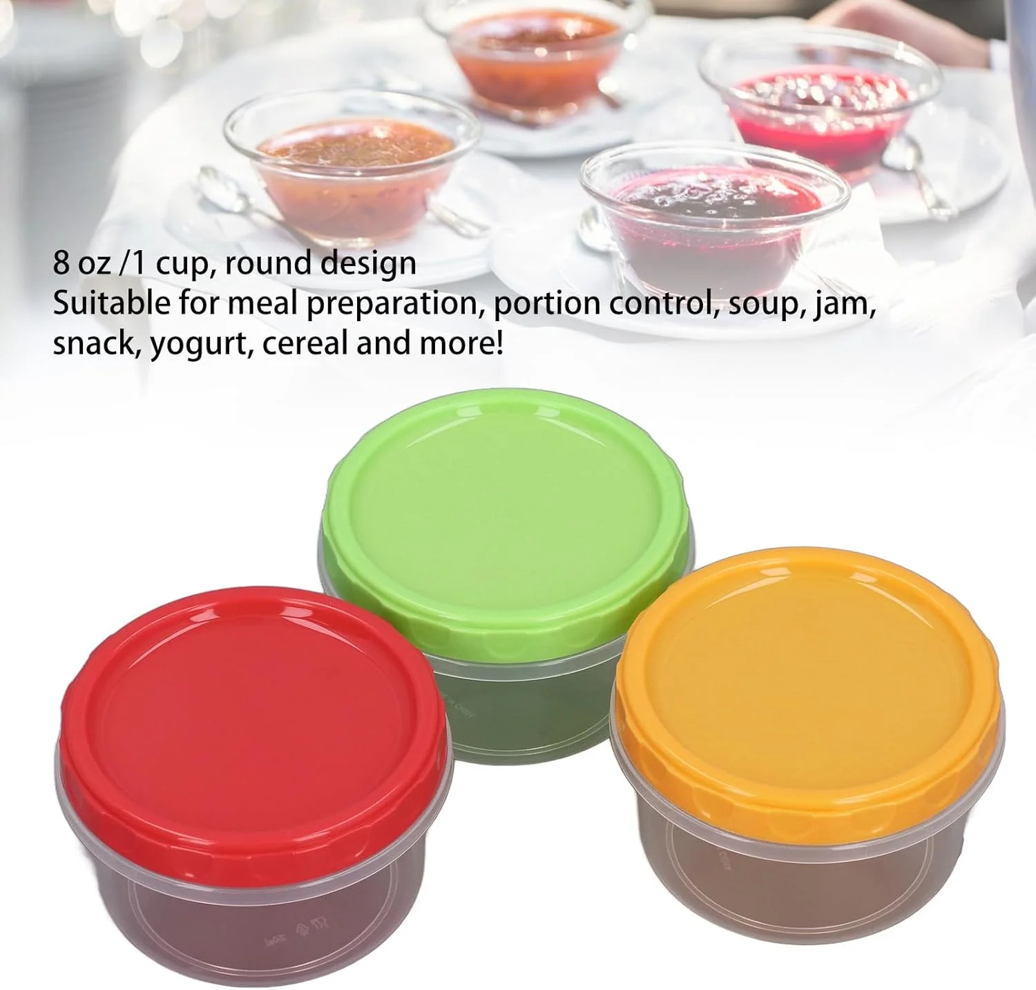 CD4-12 Sets 1 Cup Containers 8oz Stackable Reusable Round Plastic Food Containers with Lid for Portion Control Kitchen Freezer Small Plastic