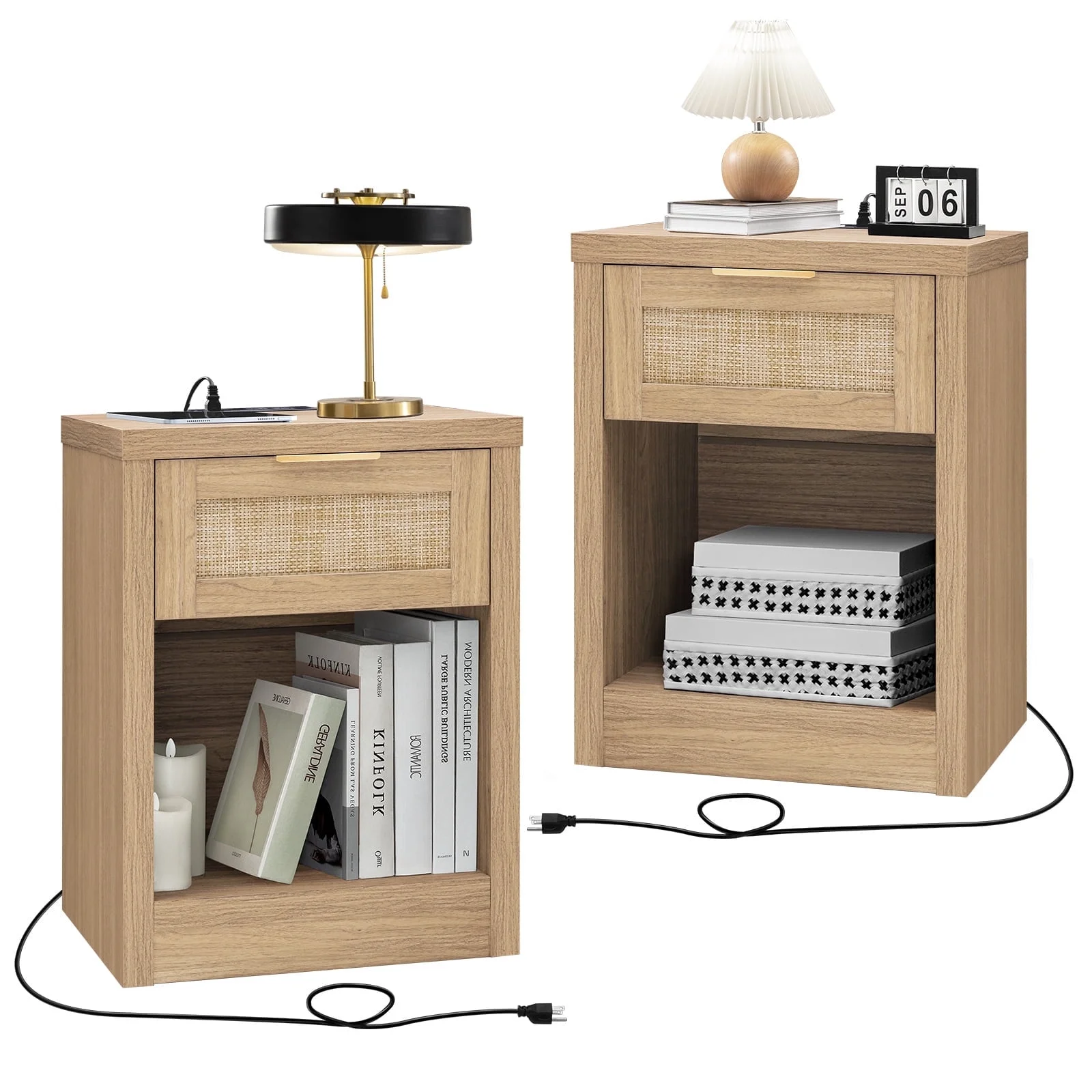 OAKHAM Rattan Nightstands Set of 2 with Charging Station, Boho Bedside Table with Drawers, End Table for Living Room, Bedroom, Weathered Oak