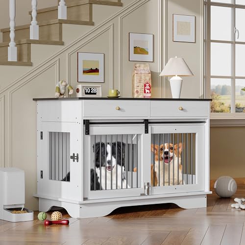 Dog Furniture Crate, 47" Large Dog Crate Furniture w/ 2 Storage Draws & Removable Divider for Large/Medium/Small Dogs (Grey, One Cage)