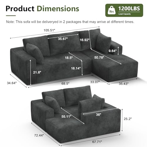 108" Modular Sectional Sofa with L-Shape Chaise, Upholstered Couches for Living Room with Deep Seat, No Assembly Required