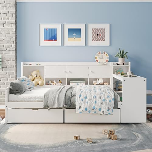 Corner Twin Bed Frame with Bookcase Storage and Desk, Wood Day Beds with 2 Drawers, Twin Size Daybed with Storage for Living Room